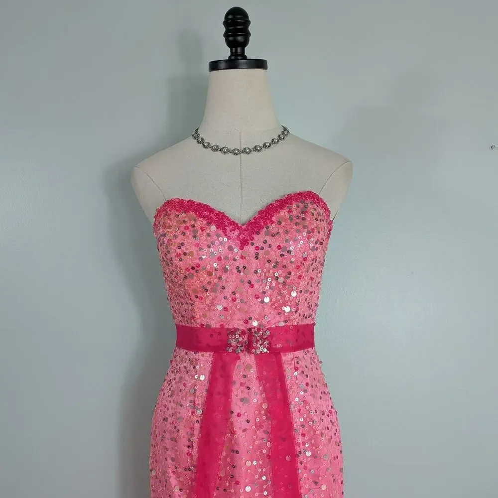Mermaid Prom Dress Maxi Gown 4 Pink Vintage Y2K Sequin Strapless Coquette Girly - Picture 3 of 11